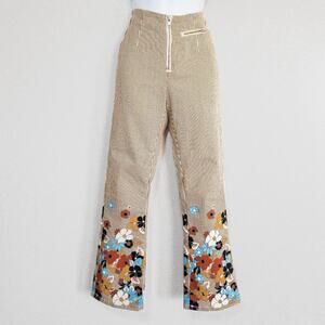 Beige & White Striped Floral Cigarette Trousers